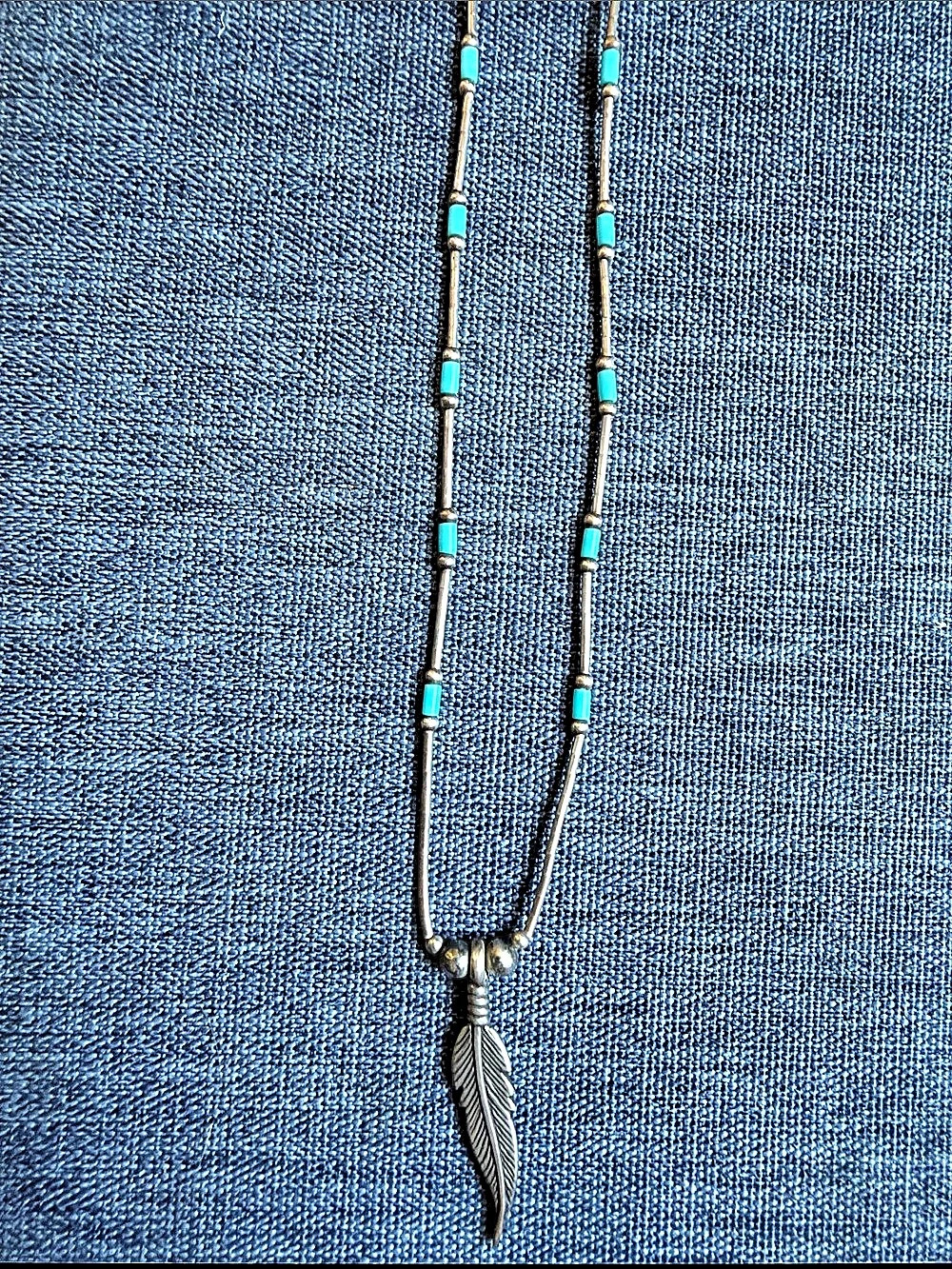 Liquid Silver Turquoise Feather Pendant Necklace in Blue & Silver Like New